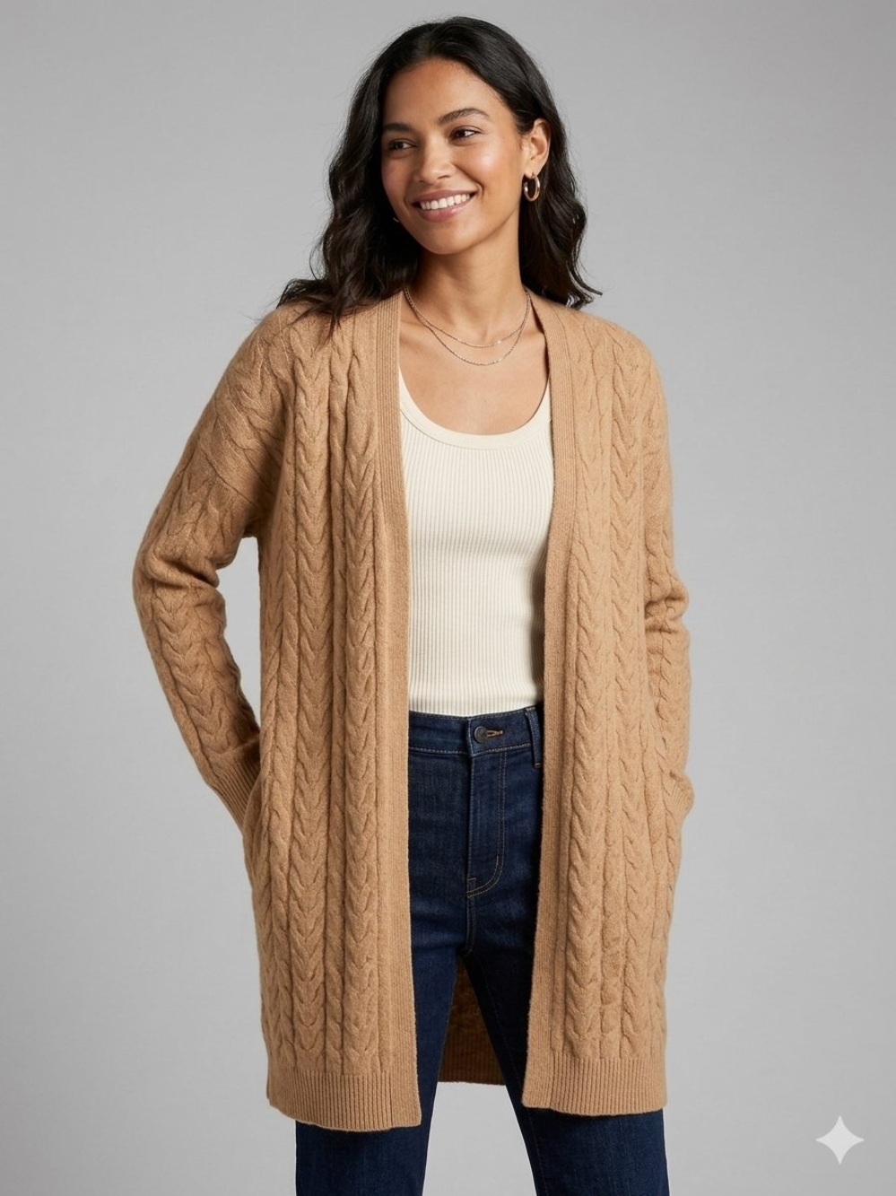 Garnet Hill Cashmere Camel Cable-Knit Open Cardigan